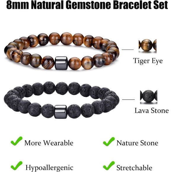 ⚡Rankeef Men 2 Lava Rock Tiger Eye 8MM Natural Stone Crystal Beaded Bracelet - Picture 3 of 7